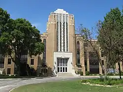 Art Deco frescoes by Britton at front entrance of Bloom High School, Chicago Heights, Illinois, 1935