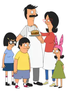 A family consisting of a mother, a father holding a hamburger, a boy, and two girls.