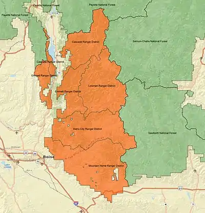 A map showing the borders and terrain of Boise National Forest, its ranger districts, and surrounding lands