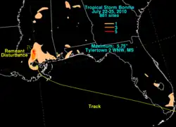 A map depicting rainfall totals produced across the Southern United States from a weak tropical storm.