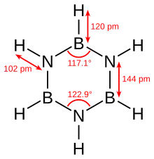 Borazine, a 6-membered inorganic heterocyclic compound (may be aromatic).