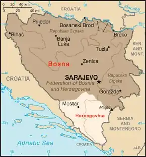 Map of modern-day Bosnia and Herzegovina