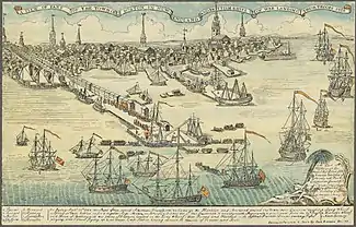 A wide view of a port town with several wharves. In the foreground are eight large sailing ships and several smaller vessels. Soldiers are disembarking from small boats onto a long wharf. The town's skyline is in the distance, with nine tall spires and many smaller buildings. A key at the bottom of the drawing indicates some prominent landmarks and the names of the warships.