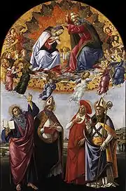 Altarpiece depicting the coronation of the Virgin Mary before the eyes of four figures