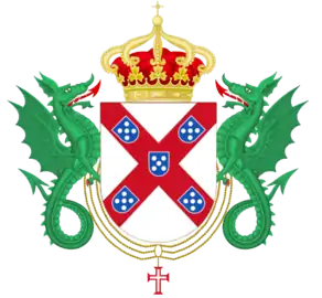 Crowned coat of arms of the house of Braganza supported by 2 dragons