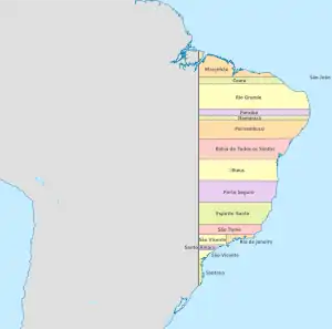 1534Capitanias hereditárias - the two bottommost yellow stripes denote the Captaincy of São Vicente