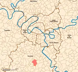 Location (in red) within Paris inner and outer suburbs