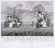 Sea scene. On the proper right three sailing ships with tattered sails and twisted masts are in group, smoke billowing from their sides. On the proper left are two more ships in a similar condition. Other ships are less distinct in the background and in the centre of the background is a large fort with cannon emplacements.