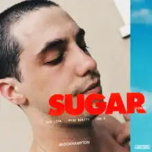 A shirtless caucasian man looking downwards in front of a beige house with a blue line edited beside him. The word "Sugar" appears in the bottom right in big, bold, red lettering while in smaller white lettering below it features "Dua Lipa", "Ryan Beatty", "Jon B" and "Brockhampton".