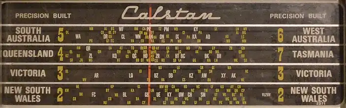 Image 16Australian radio sets usually had the positions of radio stations marked on their dials. The illustration is a dial from a transistorised, mains-operated Calstan radio, circa 1960s. (Click image for a high resolution view, with readable callsigns.) (from History of broadcasting)