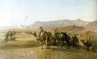 A painting of soldiers on camels