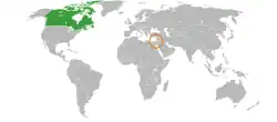 Map indicating locations of Canada and Israel