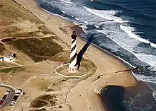 Black and white lighthouse on a beach