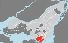 Location of LaSalle on the Island of Montreal.  (Grey areas indicate demerged municipalities).