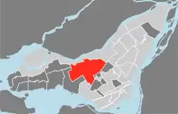 Location on the Island of Montreal.  (Dark grey areas indicate demerged municipalities).