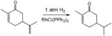 Selective hydrogenation of the less hindered alkene group in carvone using a homogeneous catalyst (Wilkinson's catalyst).