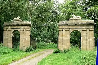 Culzean Castle. Cat Gates – The original inner entrance with Coade stone cats surmounting the pillars.(See "Cat gates - Culzean Castle")