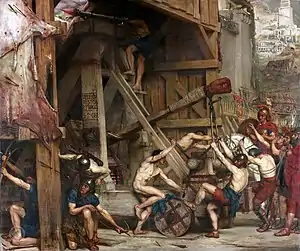 a colourful oil painting showing men hauling on a large siege engine