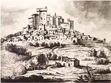 Engraving of a château on a hill