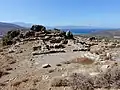 The ruins of Monasteraki Chalasmenos, situated on a hill at the foot of the Thrypti mountains. In the background are the isthmus, the Dikti Mountains and the Mirabello Gulf