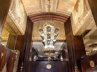 Ceiling detail and chandelier inside the Carew Tower