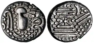 A Chaulukya-Paramara coin, circa 950–1050 CE. Stylized rendition of Chavda dynasty coins: Indo-Sassanian style bust right; pellets and ornaments around / Stylised fire altar; pellets around.