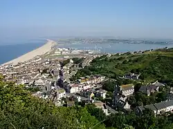 Chesil Beach, seen from the Isle of Portland looking towards mainland Dorset