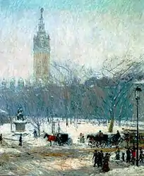 Snowstorm, Madison Squareby Childe Hassam (c.1890).Stanford White's Madison Square Gardenis in the background.