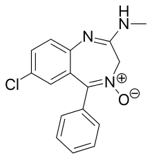 Chemical structure diagram of a benzene ring fused to a diazepine ring. Cl is attached to the benzene; N, H, CH3, and O are attached to the diazepine.