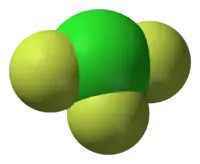 Spacefill model of chlorine trifluoride