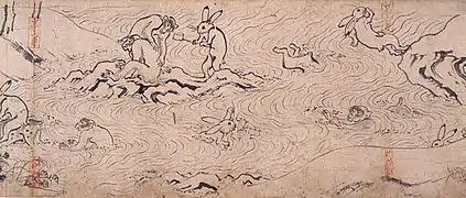 Panel from the first scroll, depicting animals swimming and bathing for the upcoming ceremony.