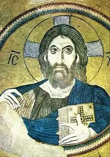 11th-century Christ Pantocrator with the halo in a cross form, used throughout the Middle Ages. Characteristically, he is portrayed as similar in features and skin tone to the culture of the artist.