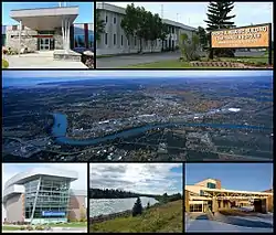 From top left: Joyce K. Carver Memorial Library, Kenai Peninsula Borough Building, aerial view of the City of Soldotna, Central Peninsula Hospital, Soldotna Creek Park, and the Kenai Peninsula College.