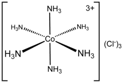 Hexamminecobalt(III) chloride, the trichloride salt of the hexammine complex [Co(NH3)6]3+. It is famously stable in concentrated hydrochloric acid.