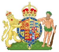 Coat of arms of Queen Alexandra with a lion on the left and the wild man on the right