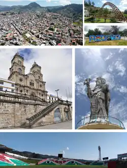 From top, left to right: Panoramic view of the city, Pedestrian Bridge of the Burgay River, Marco Romero Heredia Children's Park, Sanctuary of Our Lady of the Cloud, Virgin of the Cloud viewpoint on the Abuga hill and Jorge Andrade Cantos Stadium.