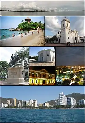 Top: Panorama of the Cienaga Grande de Santa Marta, 2nd left: Mirador in Cabo San Juan del Guia, Tayrona Natural Park, 2nd right: Santa Marta Cathedral, 3rd left: Statue of Simon Bolívar in Quinta of Saint Pedro Alejandrino, 3rd upper middle: Colombian National Pantheon in Barrio Mamatoco, 3rd lower middle: Santa Marta City Hall, 3rd right: Tribute to the Tayrona Ethnicity Square, Bottom: Panorama of Acuático El Rodadero Park