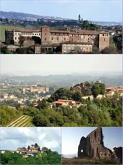 From above: Medieval Castle; the borough and castle of Primeglio with Passerano in the background;  Schierano (lower left) and (right) remains of the castle of Marmorito.