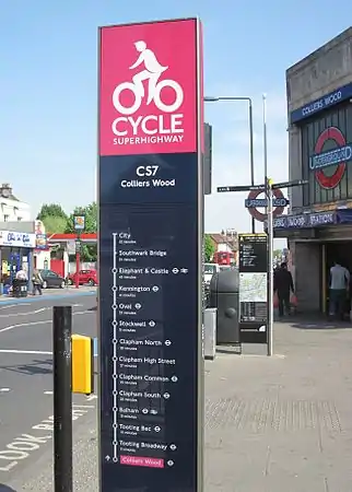 Destinations of CS7 in the style of a tube line, on a large upright sign.