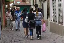 Two adolescents pickpocketing tourists in a pedestrian area