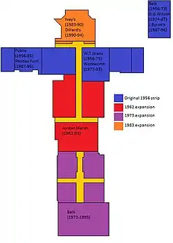 A map of Colonial Plaza as it existed in 1989, highlighting the enclosed mall corridors and locations of major stores.