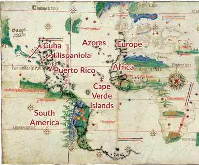 Piri Reis map laid over the Cantino Planisphere, comparison in caption.