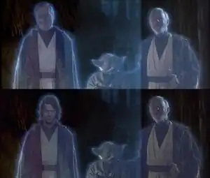 Two images, stacked vertically, of the same scene showing Anakin Skywalker, Yoda, and Obi-Wan Kenobi. The top image shows an older man as Anakin. The bottom image shows a younger man as Anakin.