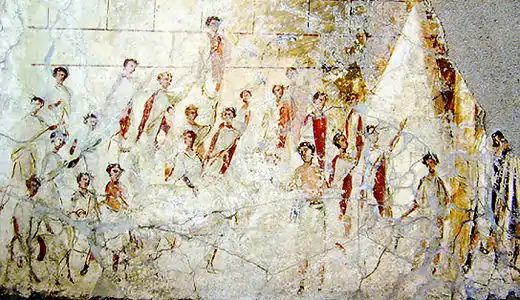 Roman men wearing togae praetextae with reddish-purple stripes during a religious procession (1st century BC).