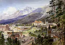 A watercolor painting of the town in 1890.