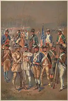 two lines of men in Continental uniforms, seven standing infantrymen in the foreground and five mounted cavalry in the middle-ground. Seven have mostly blue coats, three coats are mostly brown, one is tanned buckskin, and one is white linen.