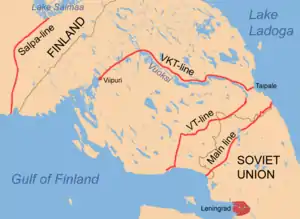 Start of the Salpa Line between Lake Saimaa and the Gulf of Finland. The line continues up to the Northern Finland. Also shown are the VT-line and the VKT-line.