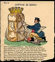 man in tophat with script coming out of pocket that says Manchester kneeling on an African American bowing before a bale of cotton depicted with a face and scepter and a crown on top of it.