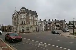 Courthouse Square buildings, including Bourbon Agricultural Bank and Trust Building (completed 1915) at left, in 2019