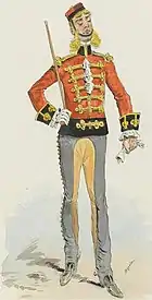 pompous-looking man in 18th-century British military uniform; he has ridiculously long blond side-whiskers